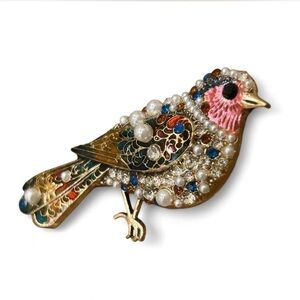 Fashion Jewelry Pink & Gold Enamel and Pearl Bird Brooch